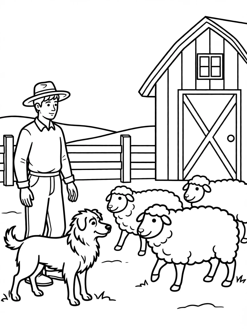 (United Kingdom) A farmer with a sheepdog herding sheep on a farm