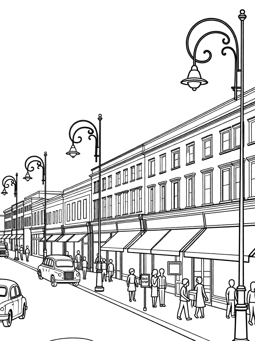 (United Kingdom) A busy London street with old-fashioned lampposts and shops
