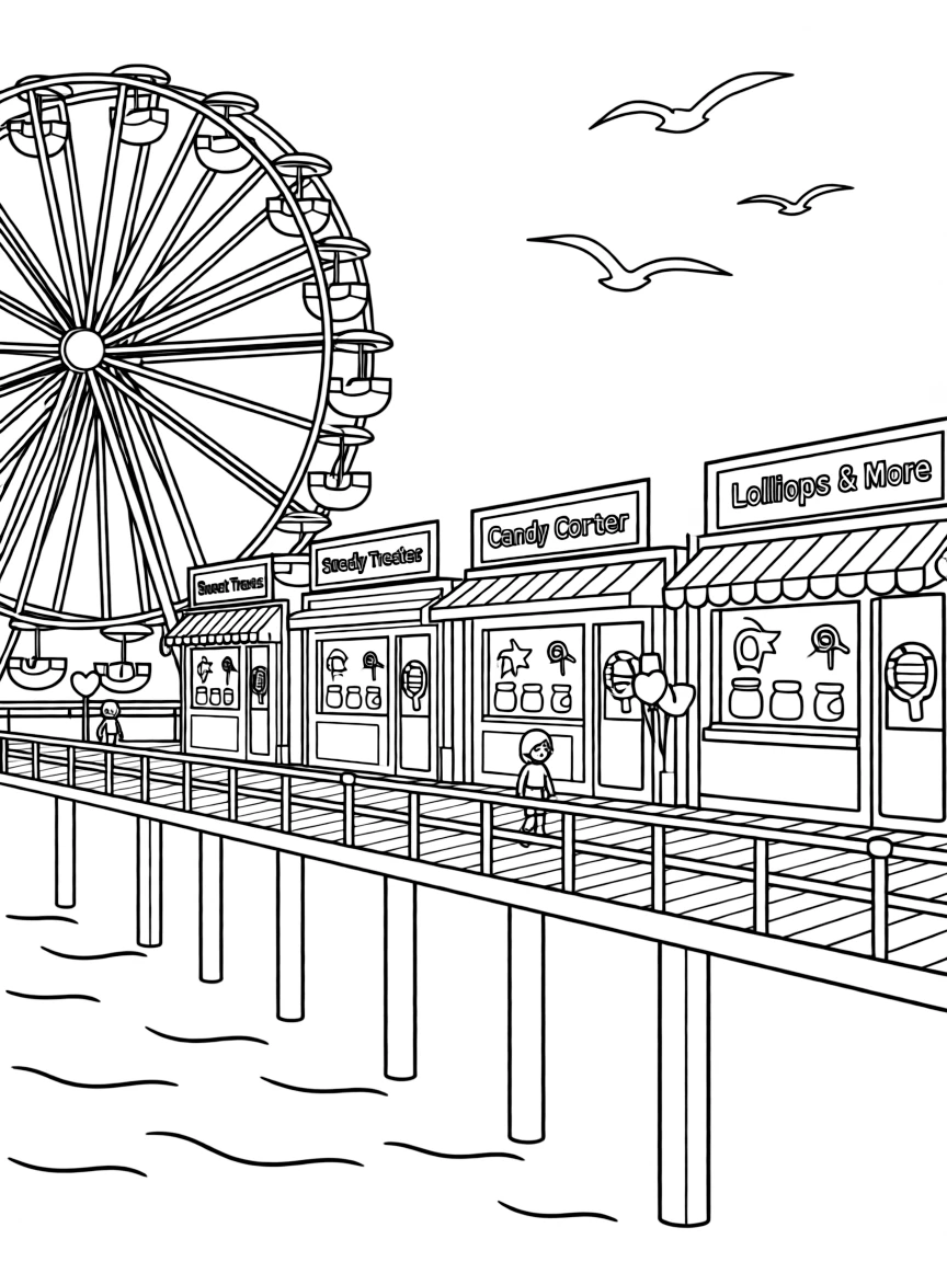 (United Kingdom) A seaside pier with a ferris wheel and candy shops (British seaside)