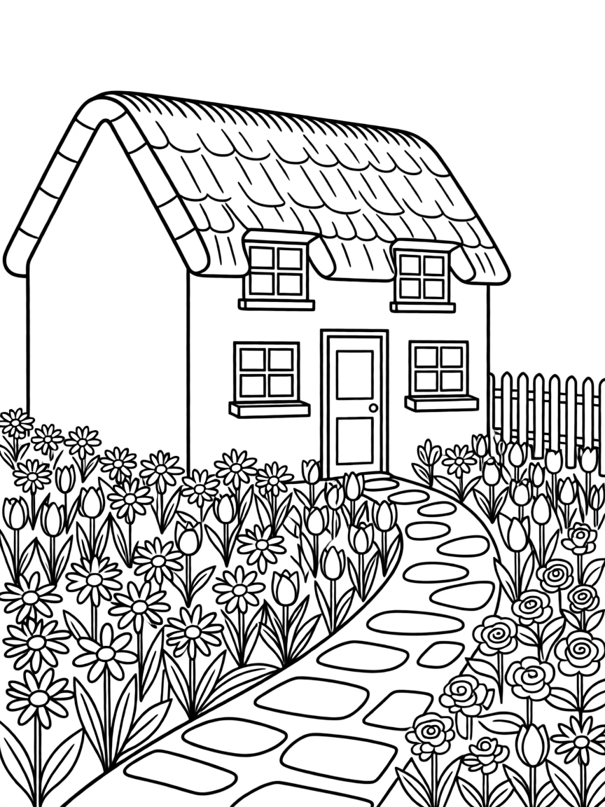 (United Kingdom) A thatched-roof cottage with a flower garden