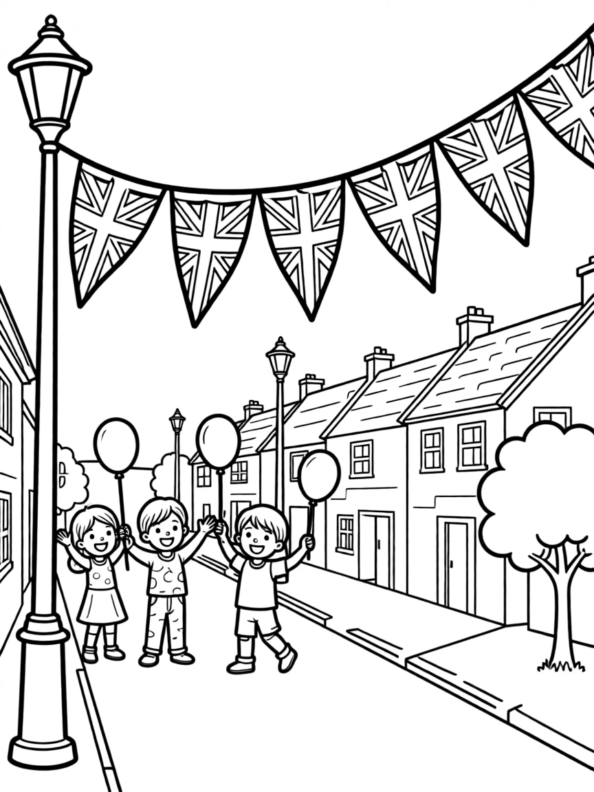 (United Kingdom) The Union Jack bunting decorations at a street party