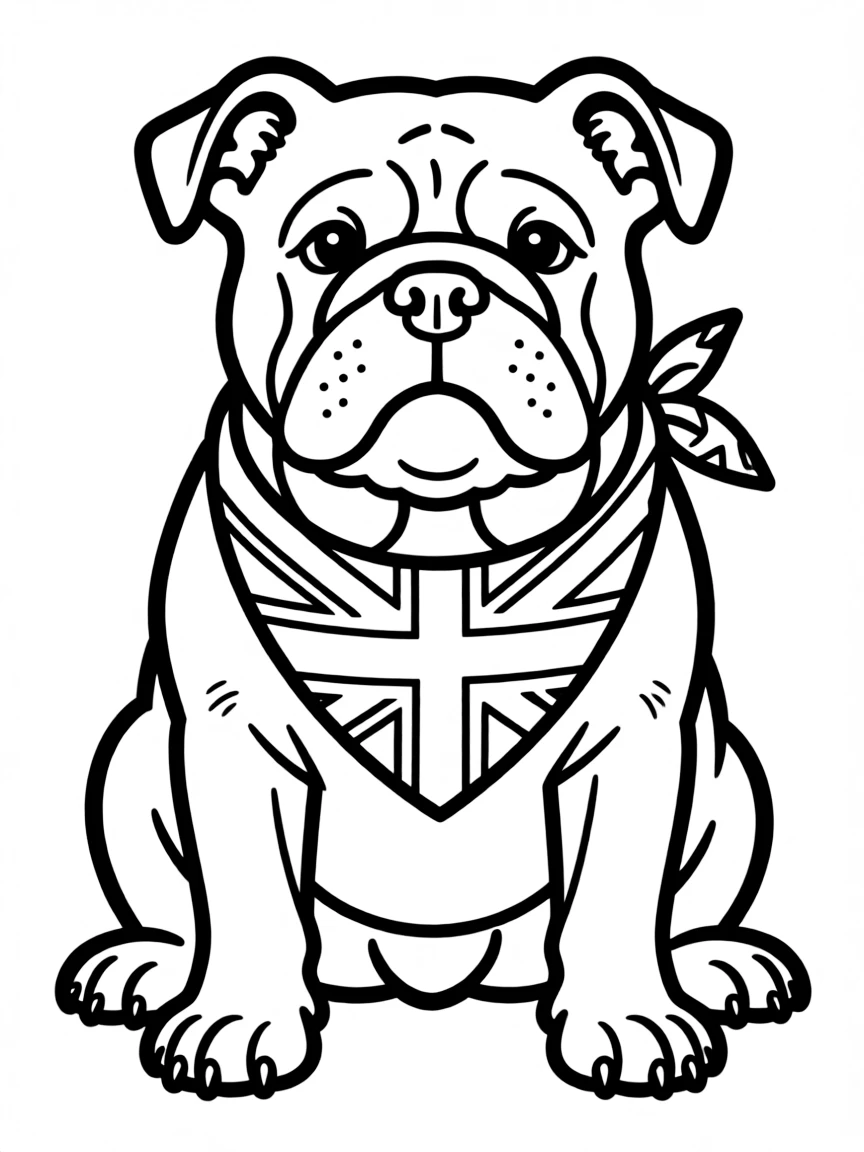 (United Kingdom) A friendly British bulldog wearing a UK flag bandana