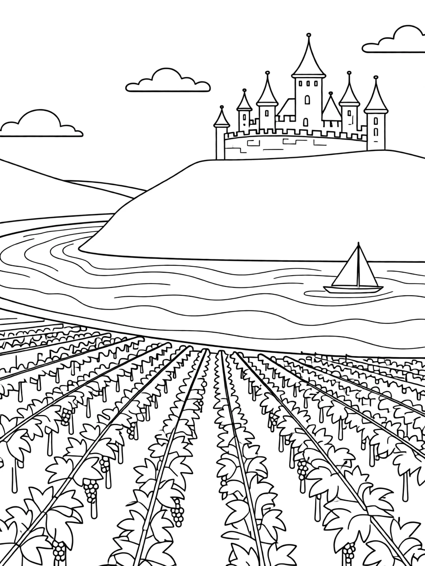(Germany) A vineyard on the Rhine River with a castle on a hilltop