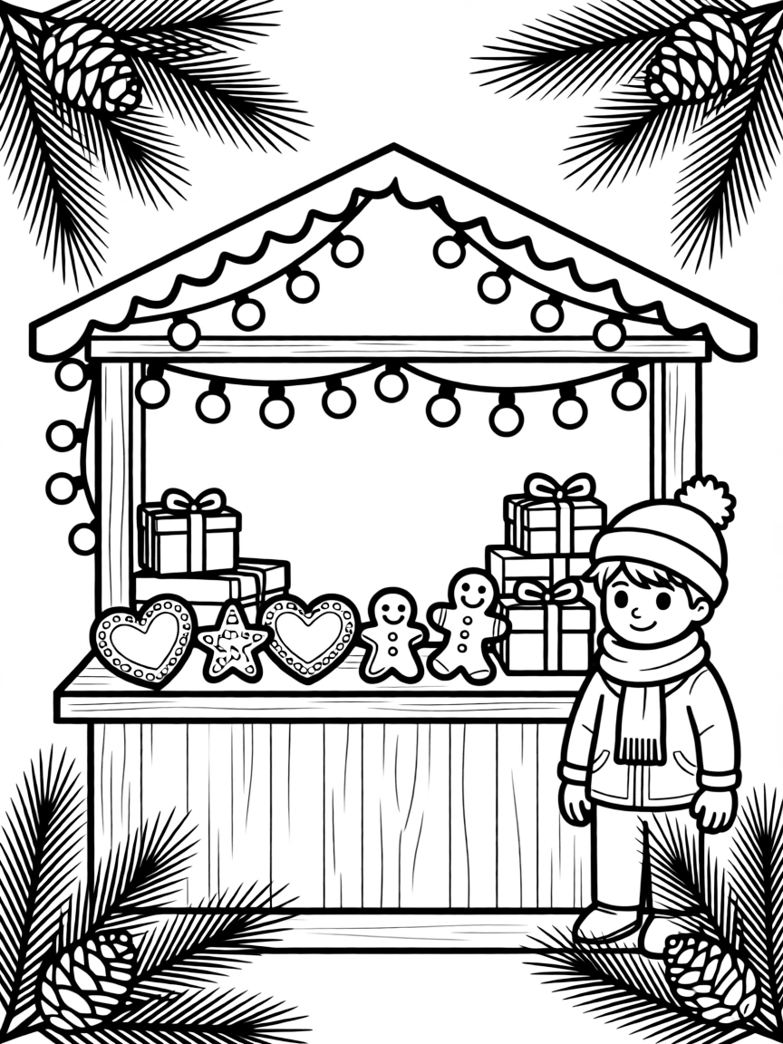 (Germany) A festive Christmas market stall with lights and gingerbread