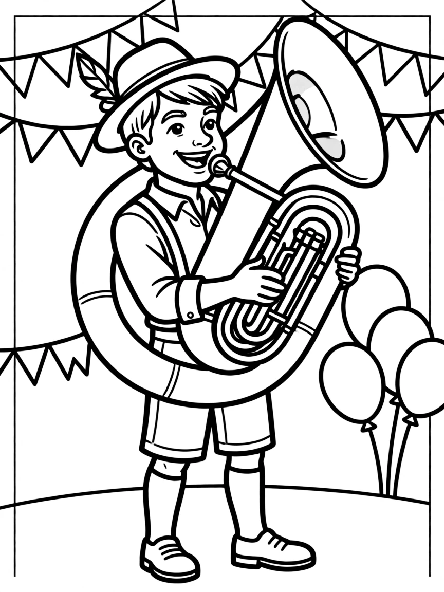 (Germany) An oompah band musician playing a tuba at a festival