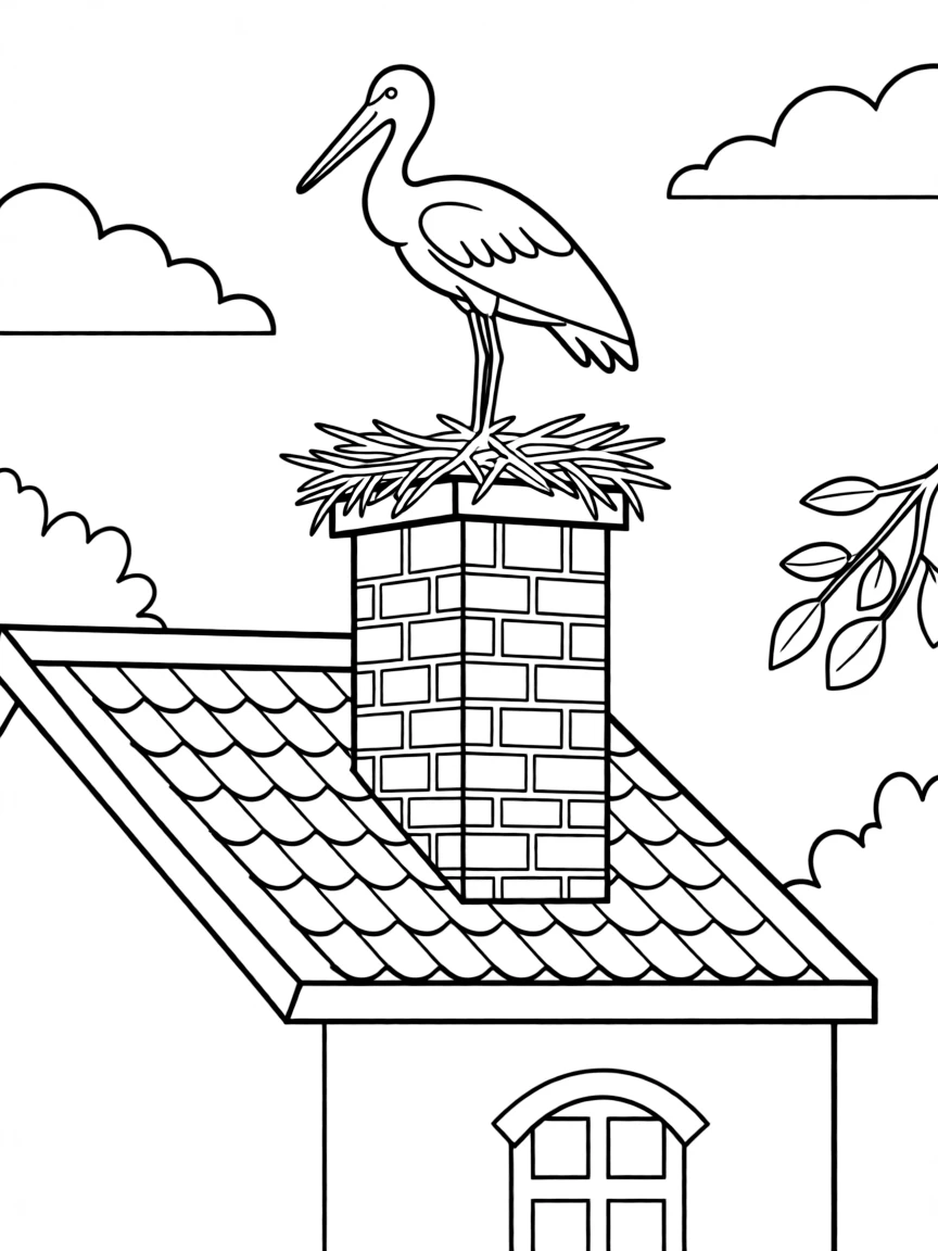 (Germany) A stork nesting on a rooftop chimney