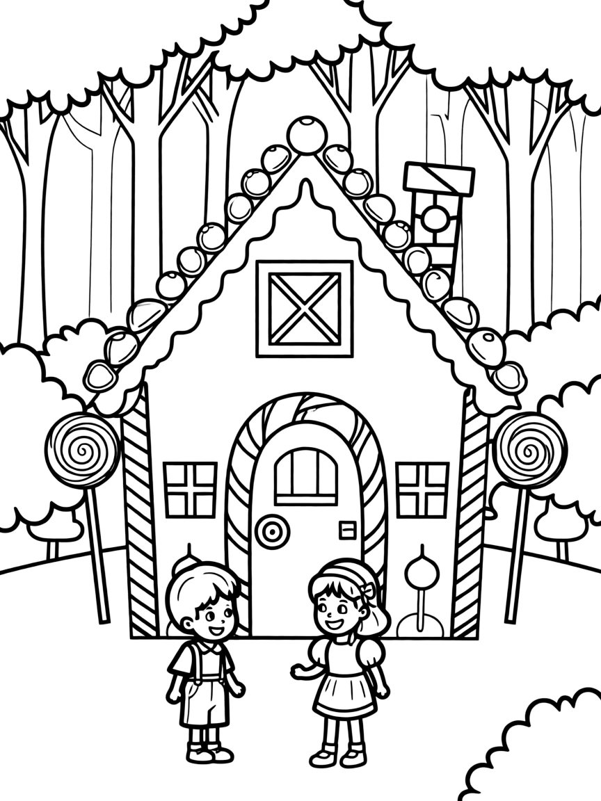 (Germany) Hansel and Gretel discovering a candy gingerbread house in the woods