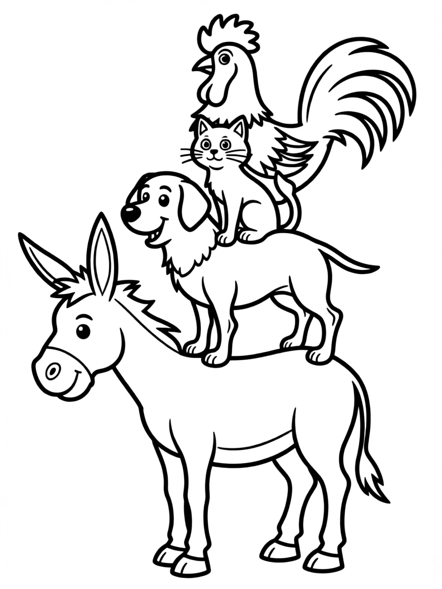 (Germany) The Bremen Town Musicians (donkey, dog, cat, rooster standing on each other)