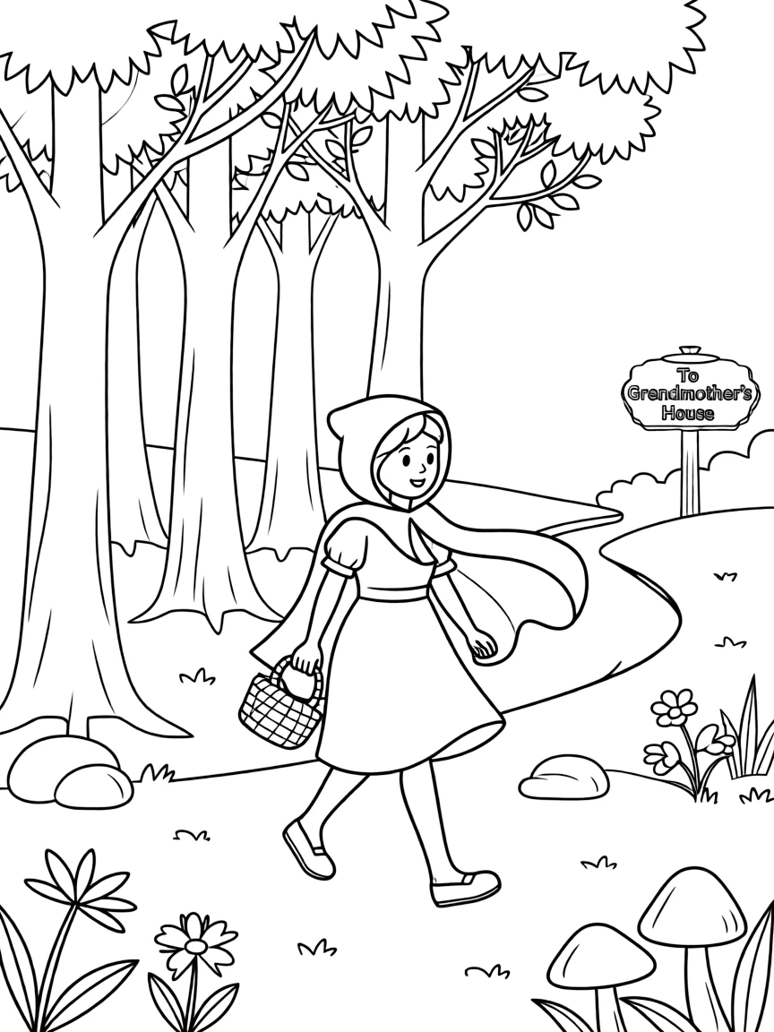 (Germany) Little Red Riding Hood walking through a forest (Grimms’ fairy tale scene)