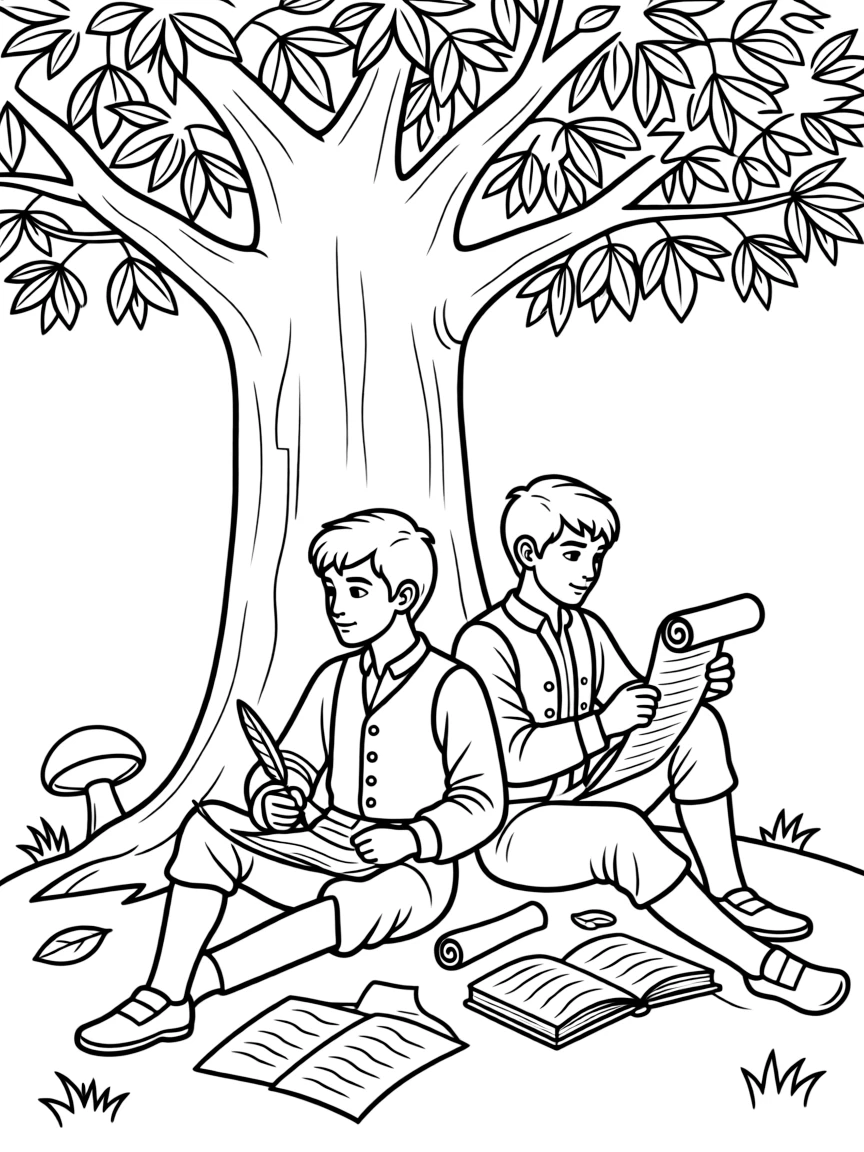 (Germany) A scene of the Brothers Grimm writing stories under a tree