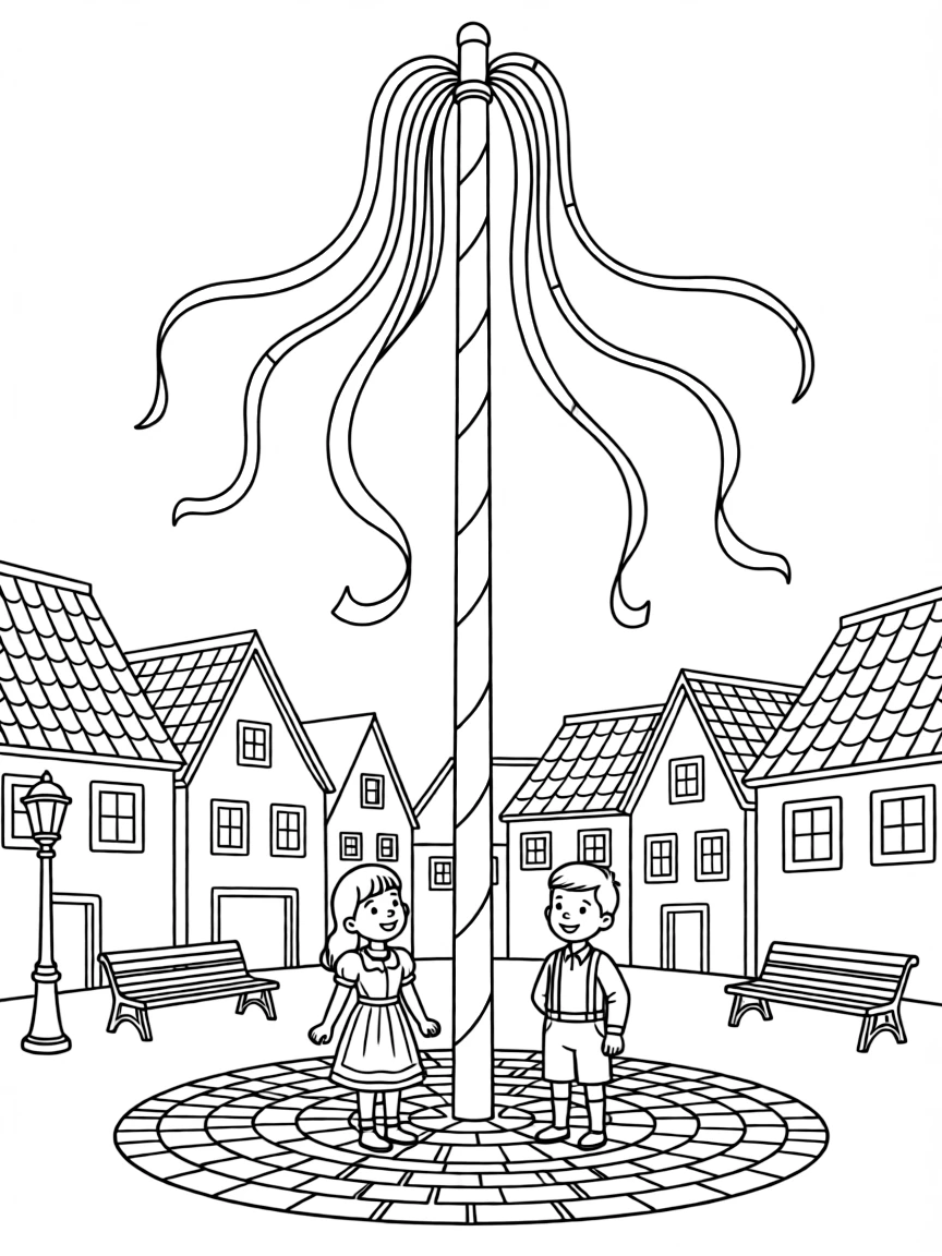 (Germany) A tall blue-and-white painted maypole with ribbons in a town square