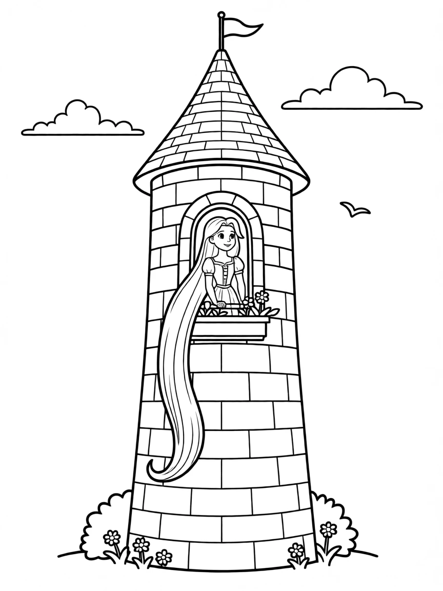 (Germany) Rapunzel in her tower letting down her long hair (Grimm fairy tale)