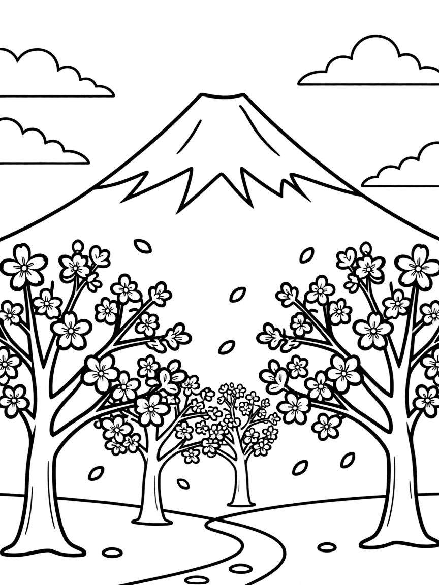 (Japan) Mount Fuji, the famous snow-capped mountain, with cherry blossoms in the foreground
