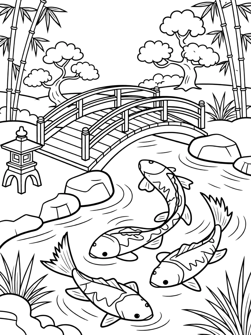 (Japan) A Japanese garden with a bridge over a koi fish pond
