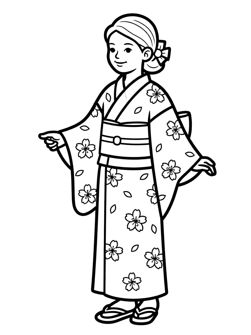 (Japan) A girl wearing a kimono with floral patterns