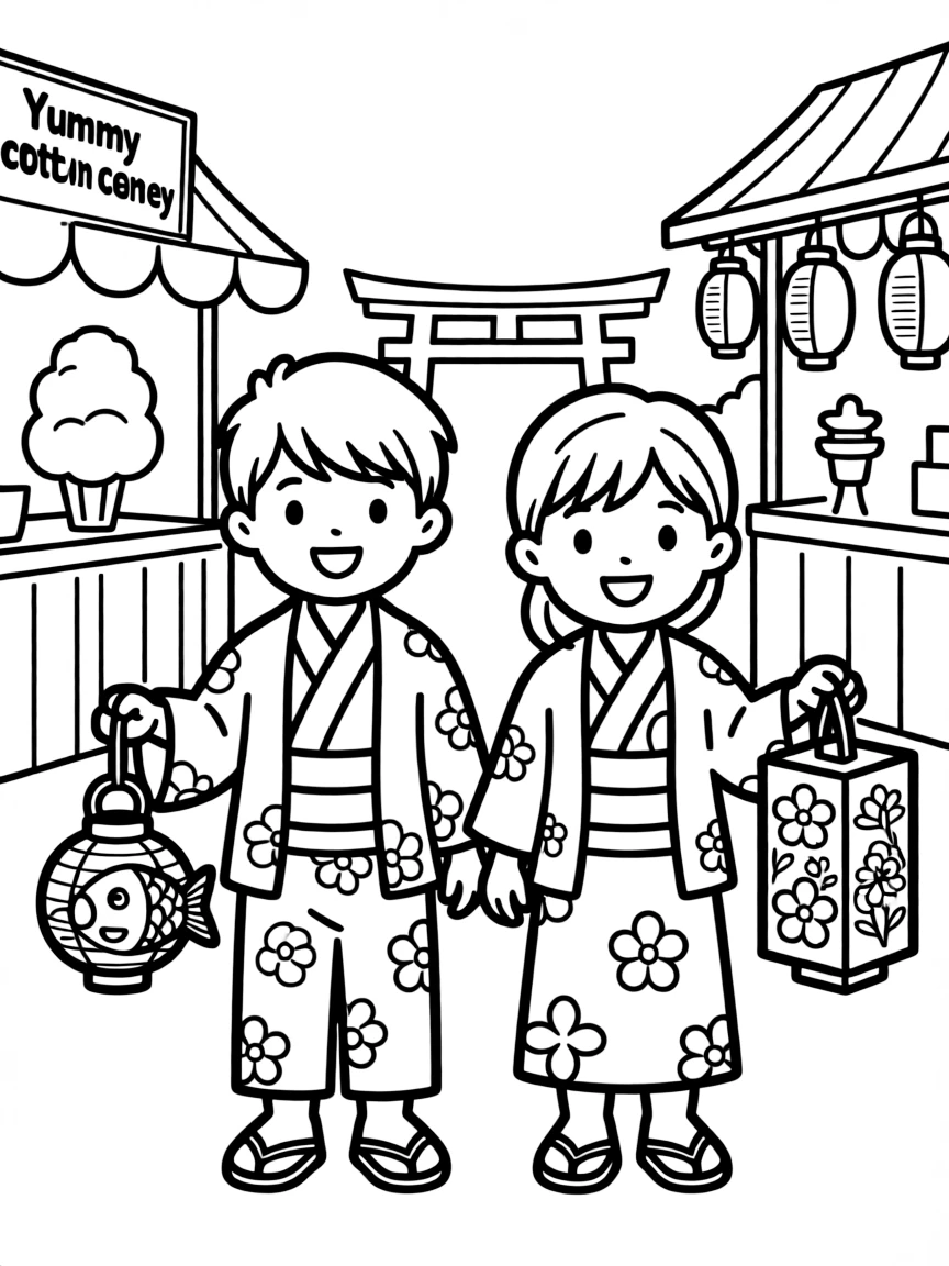 (Japan) Children holding lanterns at a summer festival (Matsuri)