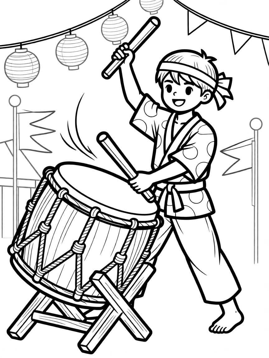 (Japan) A taiko drummer playing a big drum at a festival