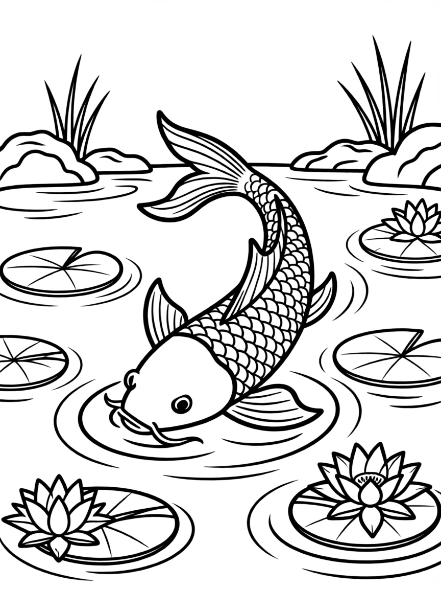 (Japan) A koi fish swimming in a pond with lily pads