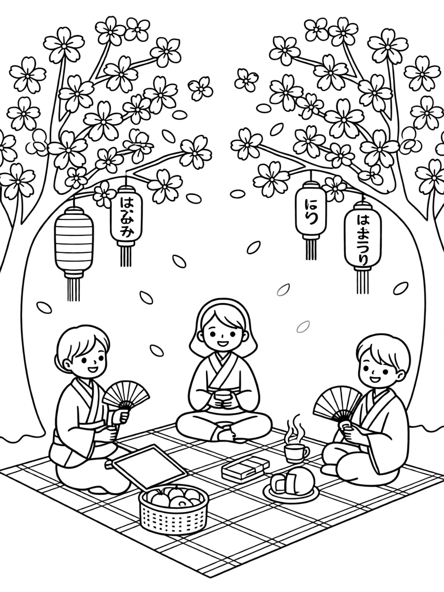(Japan) A spring festival scene with people having a hanami picnic under cherry trees