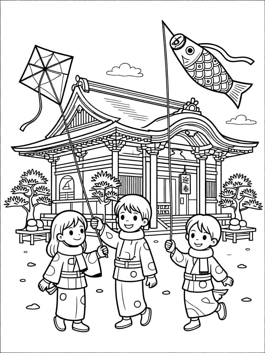 (Japan) A New Year’s scene with children flying kites at a temple