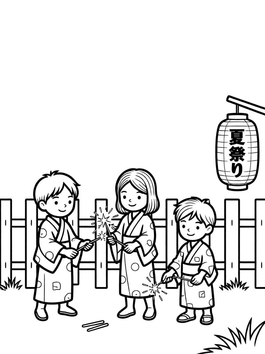 (Japan) Children playing with sparklers (Hanabi fireworks) on a summer night