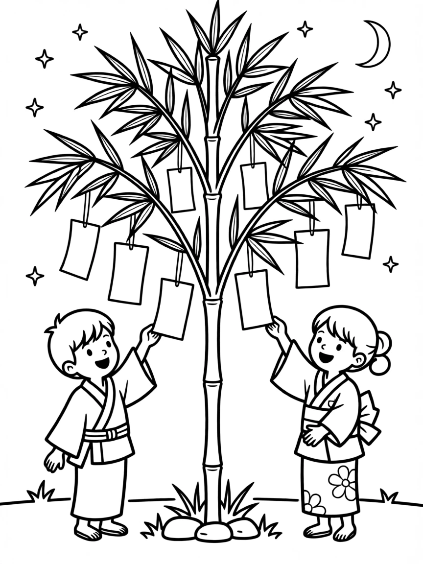 (Japan) A scene of the Star Festival (Tanabata) with wishing papers on bamboo