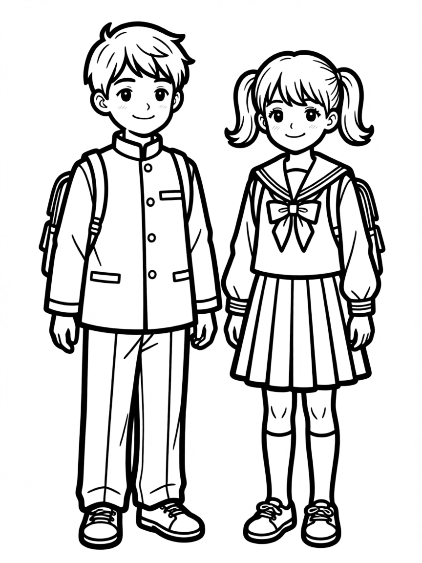 (Japan) A Japanese schoolboy and schoolgirl in uniform (education in Japan)
