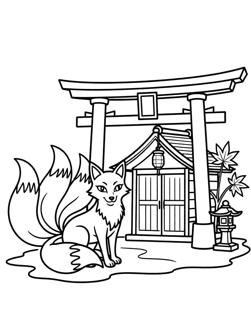 (Japan) A kitsune (fox spirit) with multiple tails sitting by a shrine