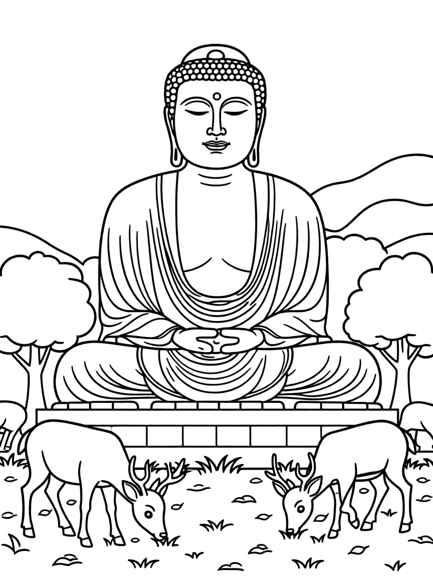 (Japan) A giant Buddha statue (Daibutsu) with deer grazing around, like at Nara Park
