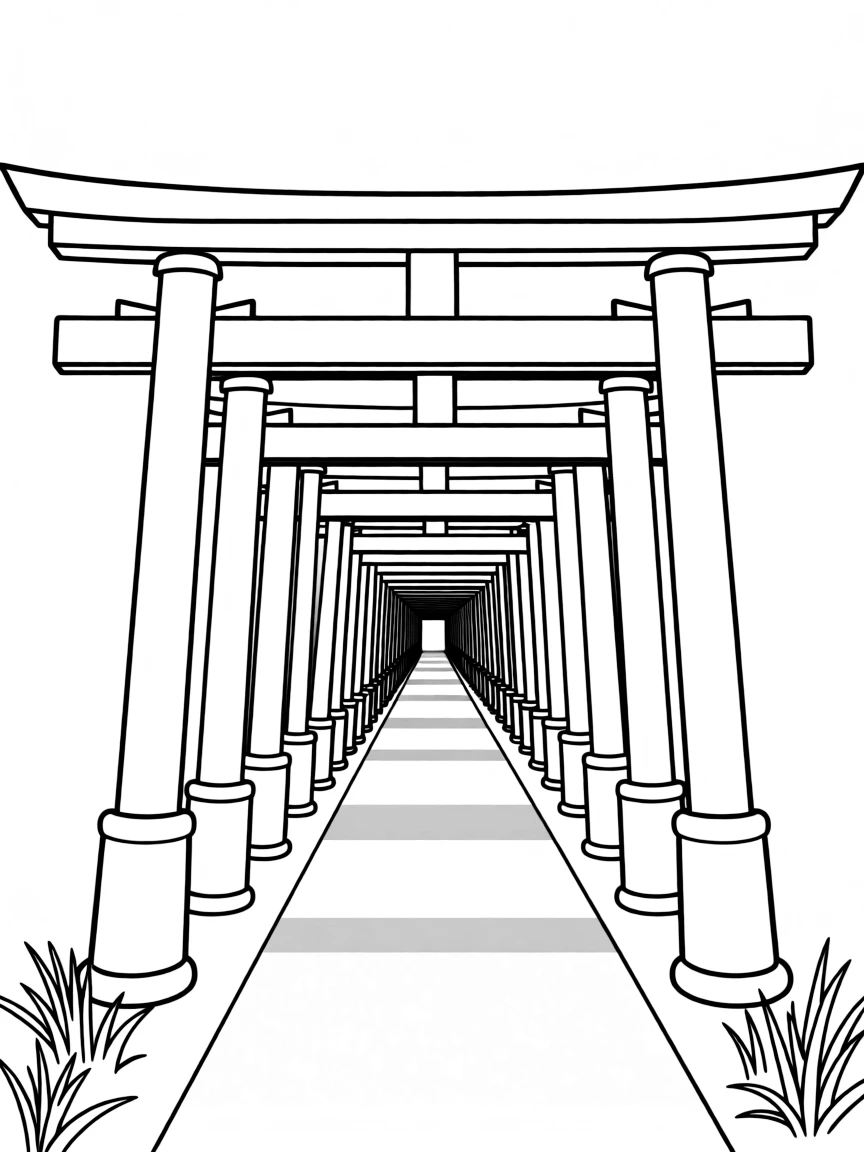 (Japan) A tunnel of many bright red torii gates in a row (like at Fushimi Inari Shrine)