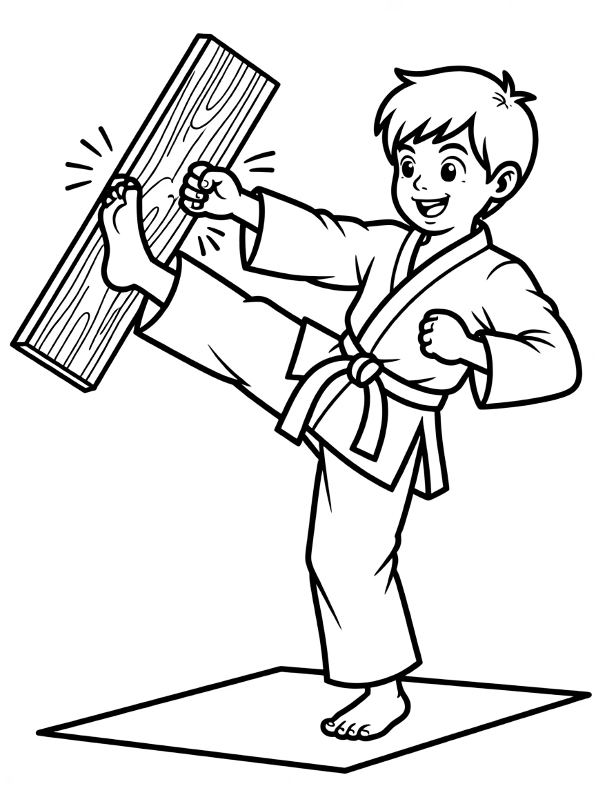 (Japan) A karate martial artist breaking a wooden board with a kick