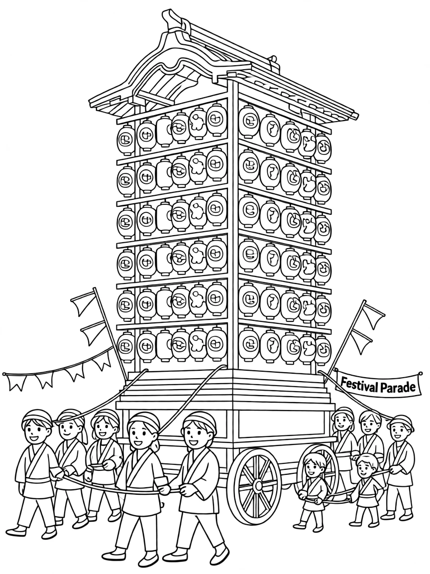 (Japan) A tall festival float decorated with lanterns being pulled in a parade