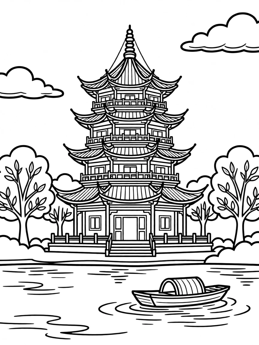 (China) A traditional pagoda tower by a lake in China