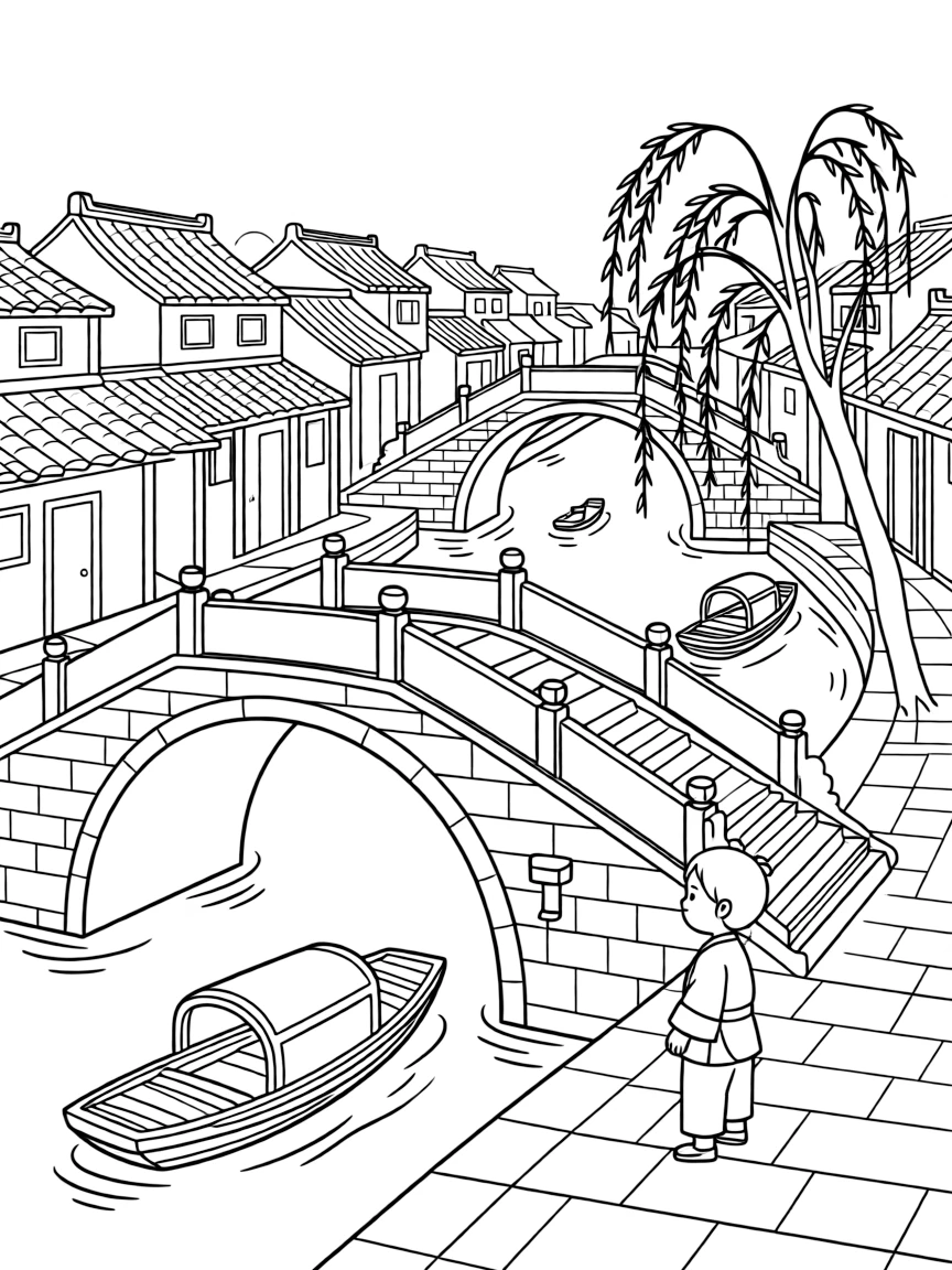 (China) A Chinese water town with old bridges and canals