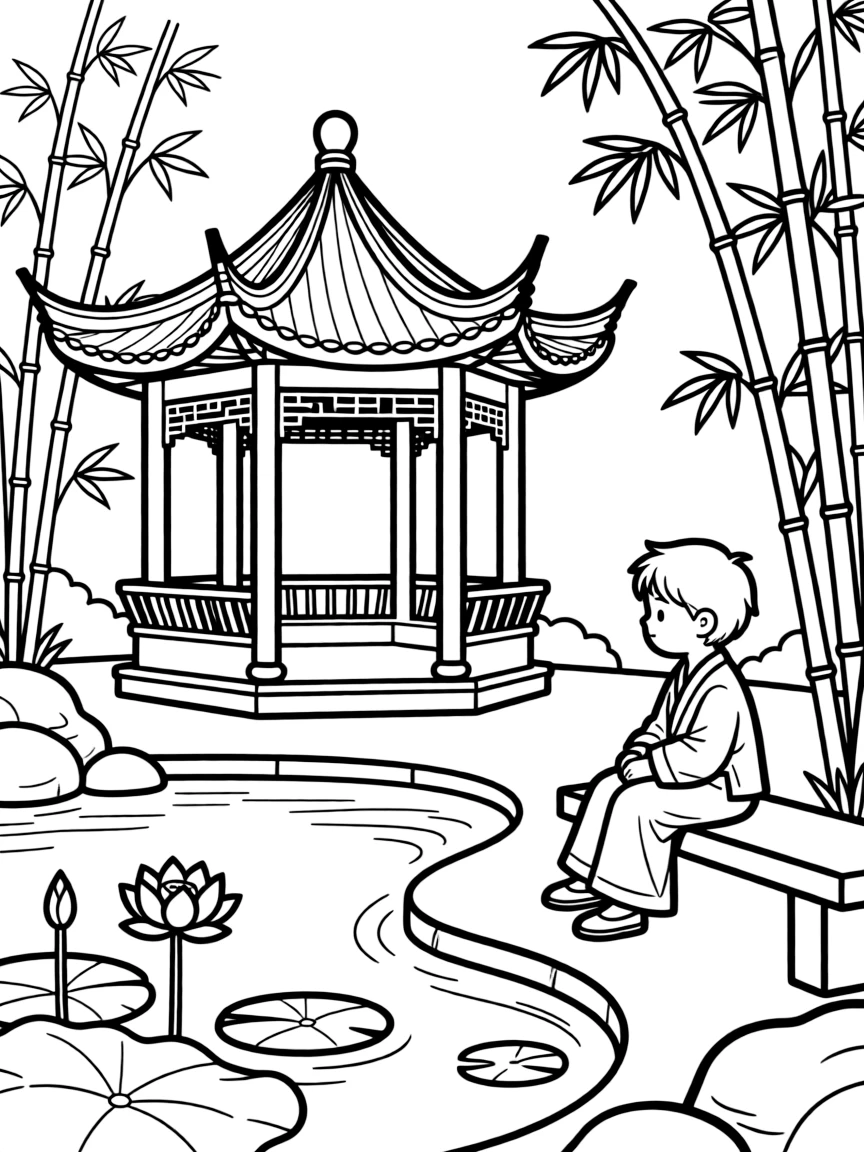 (China) A tranquil Chinese garden with a pavilion and pond
