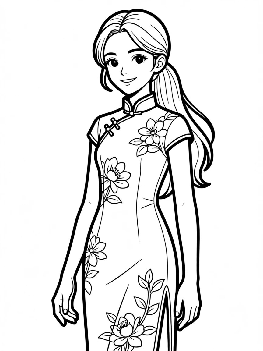 (China) A girl wearing a red cheongsam (qipao) dress