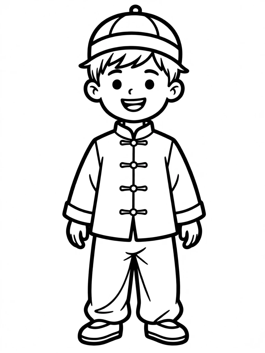(China) A boy wearing a traditional tang suit and cap
