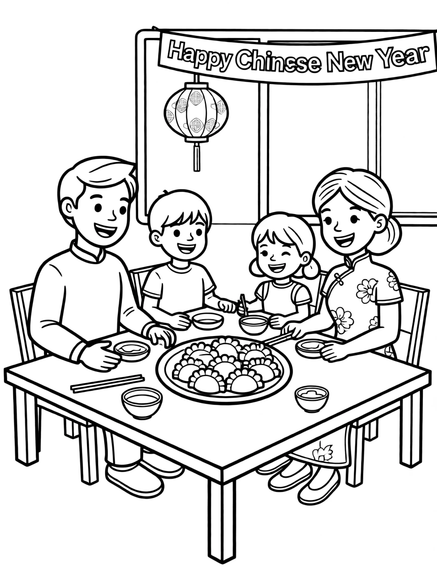 (China) A family eating dumplings together for Chinese New Year