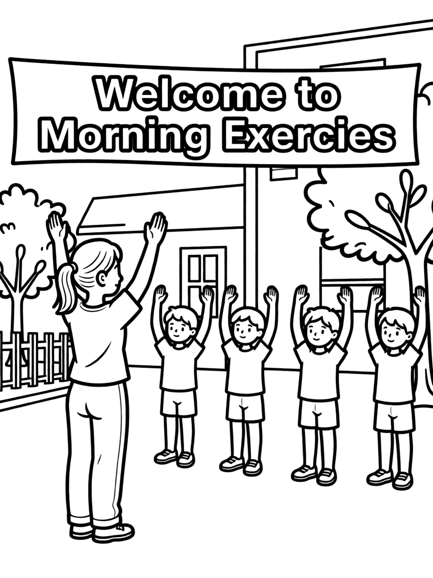 (China) A teacher and students doing morning exercises at school (common in China)