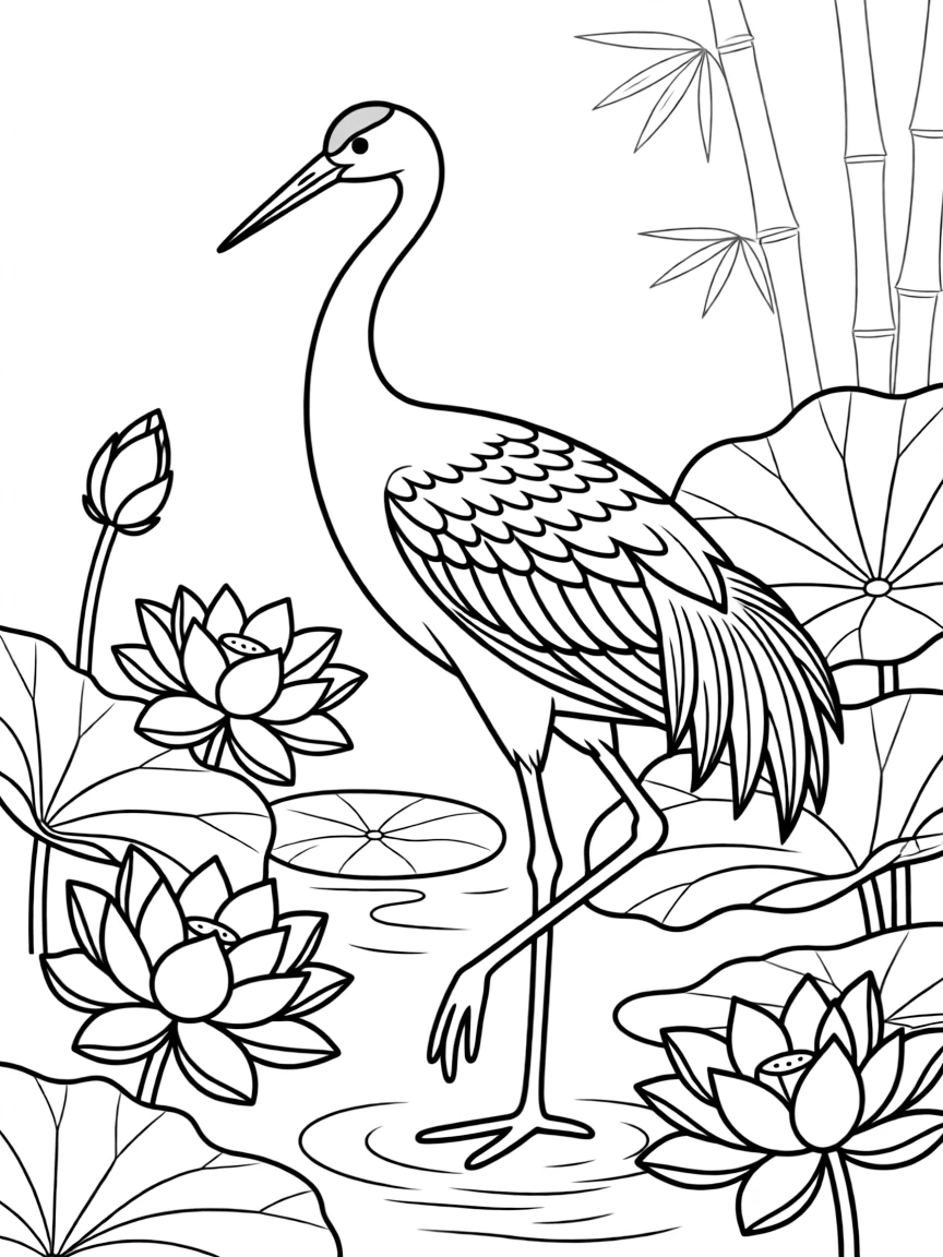 (China) A red-crowned crane standing by a lotus pond