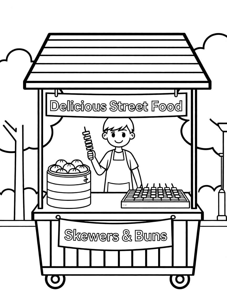 (China) A street food stall selling skewers or steamed buns