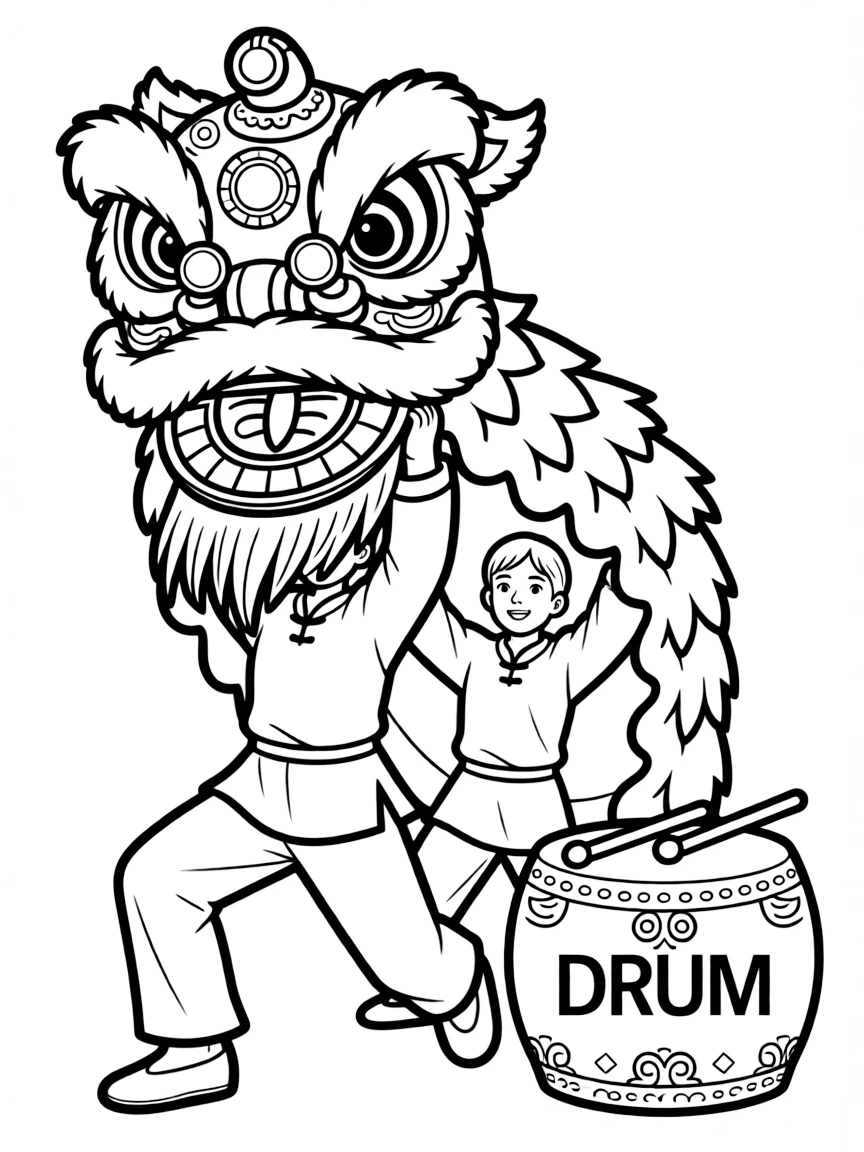 (China) A lion dance performance with two dancers under a lion costume