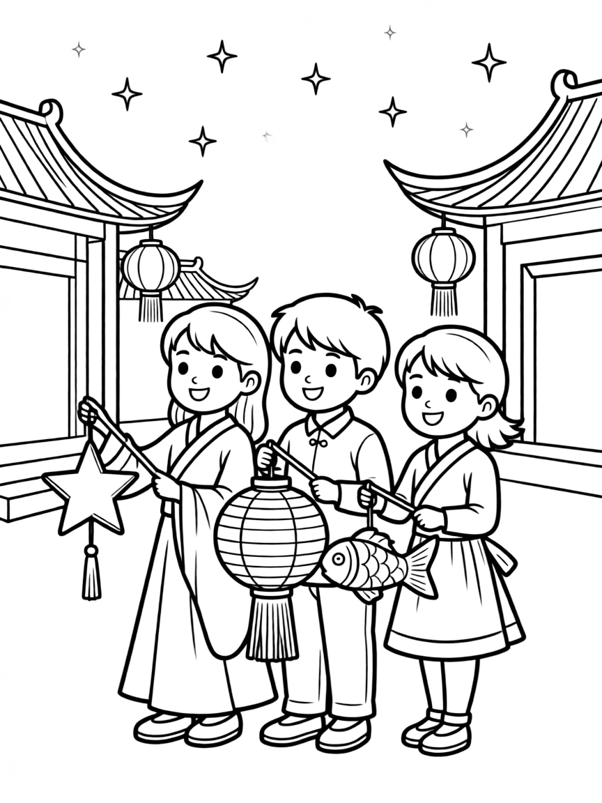 (China) Kids carrying lanterns during the Lantern Festival at night