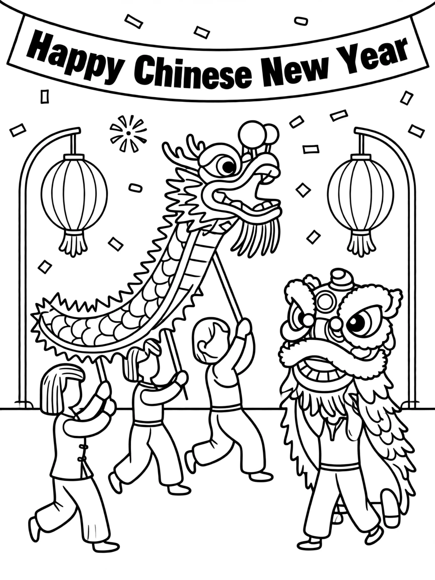 (China) A Chinese New Year parade with dragon and lion dancers