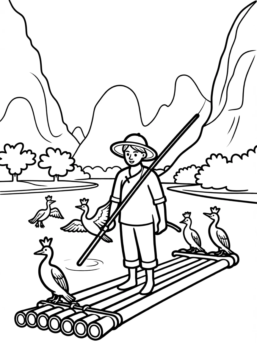 (China) A fisherman on a bamboo raft with cormorant birds on the Li River (karst mountains in background)