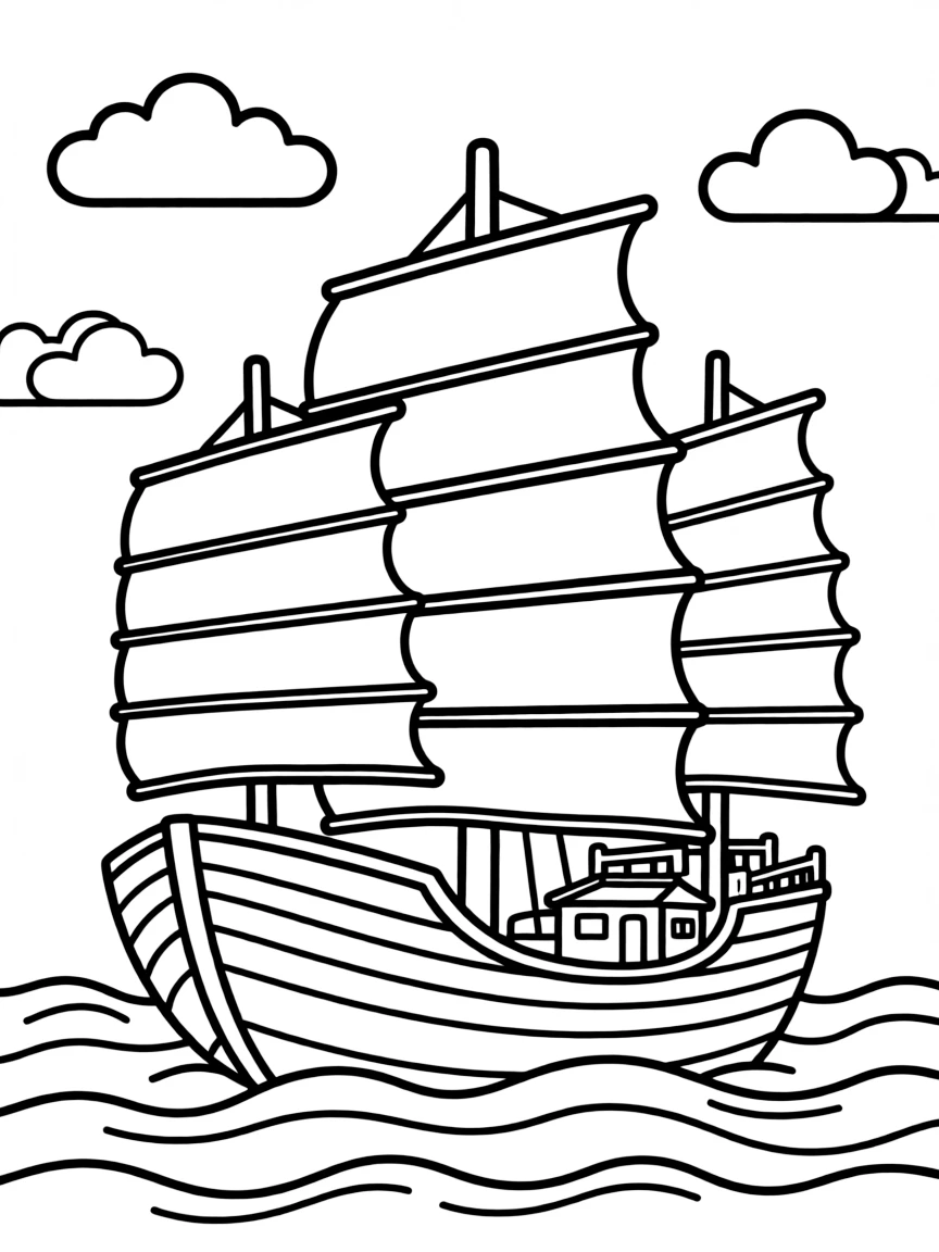 (China) An old Chinese sailing ship (junk boat) with its red sails on the sea
