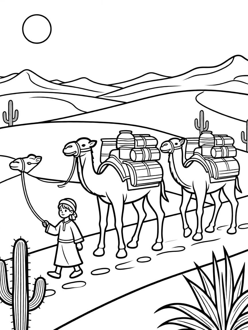 (China) Camels carrying goods on the Silk Road through the desert