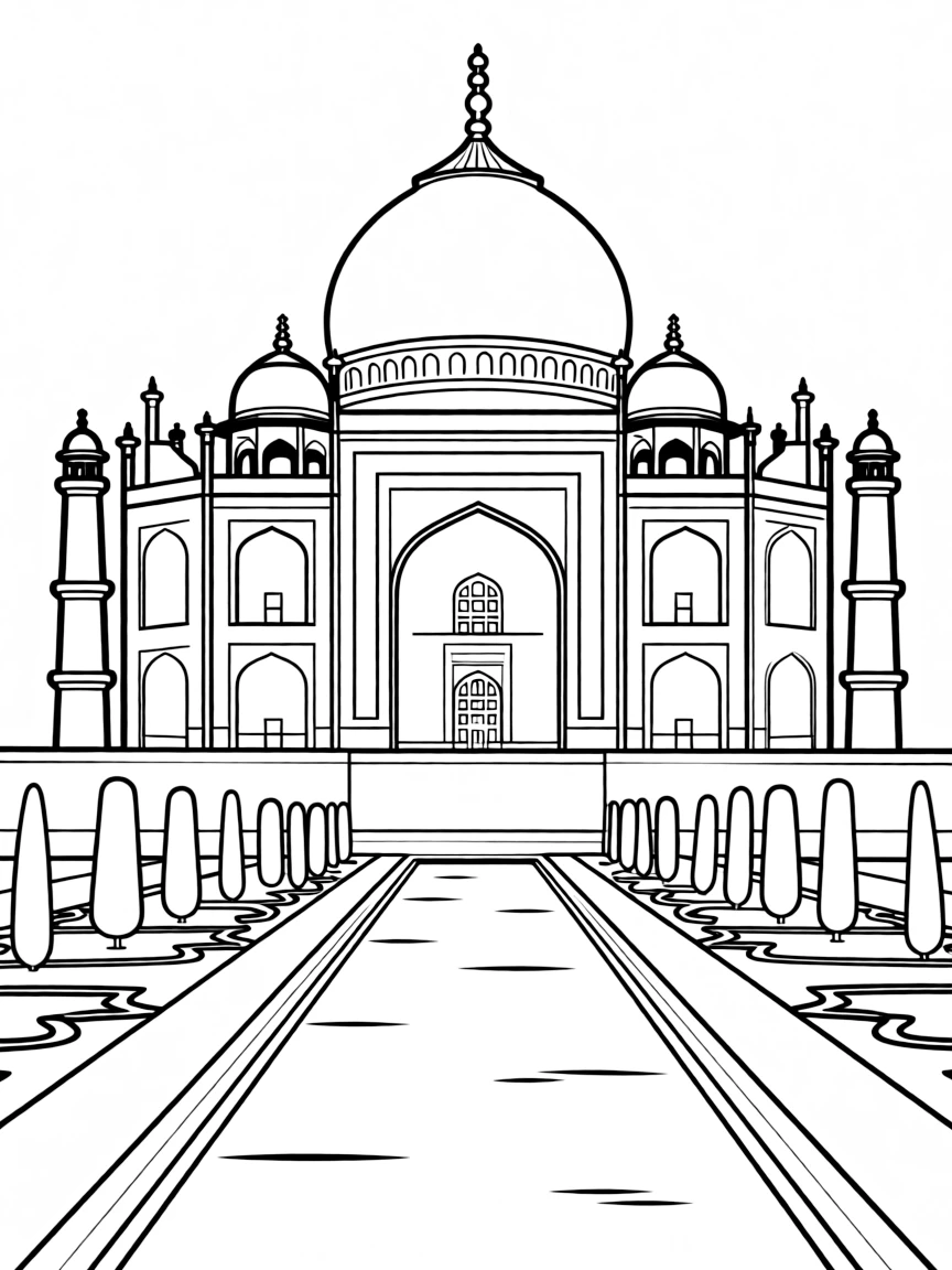 (India) The Taj Mahal in Agra with its white marble domes and reflecting pool