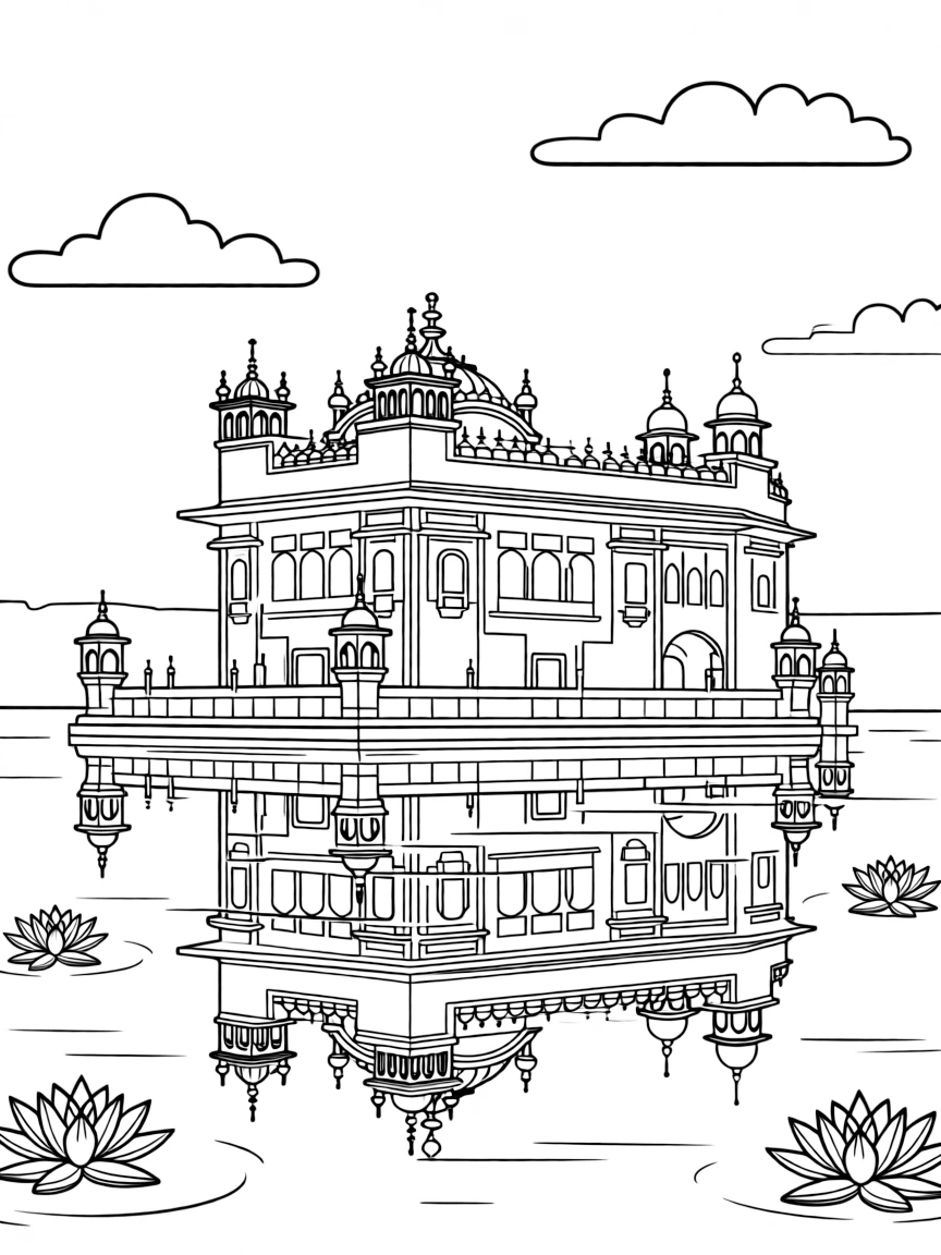 (India) The Golden Temple in Amritsar with its shining gold walls, surrounded by water