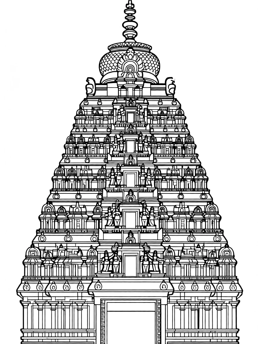 (India) A towering ancient temple gopuram (gateway tower) with carved details